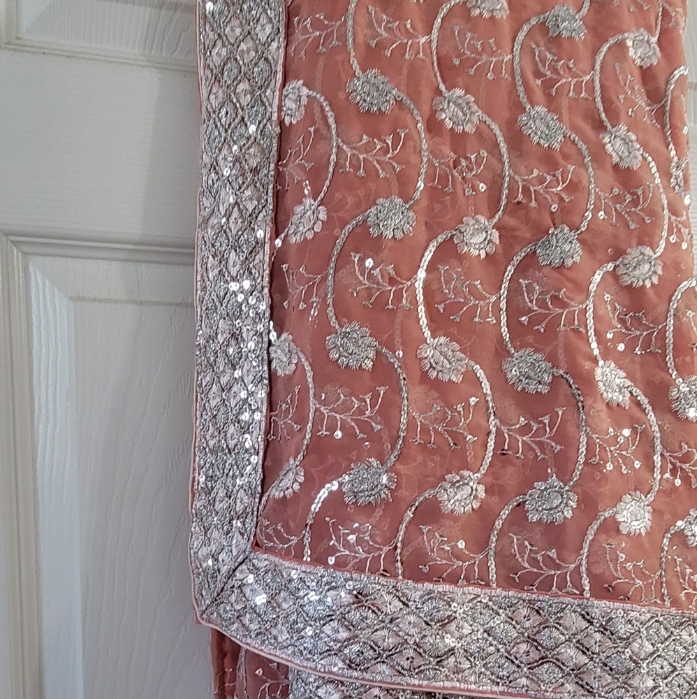Peach and silver saree